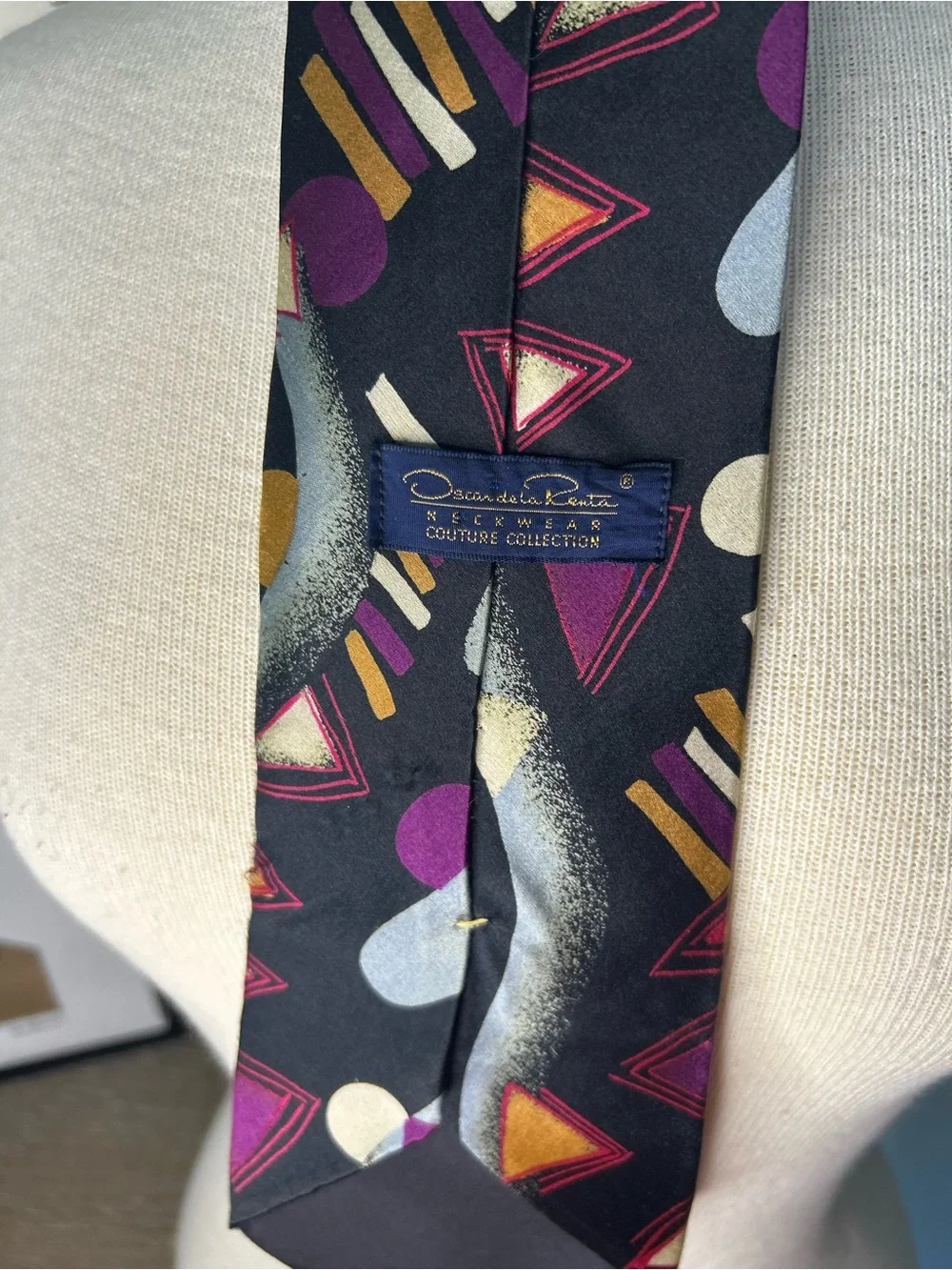 Oscar de la Renta Men's Black Geometric Print Tie with Purple and Gold Accents